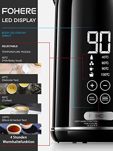 FOHERE Bouilloire Électrique 2200W Anti-brûlure | 4 Températures Préréglées | Conservation de la Chaleur 4 Heures