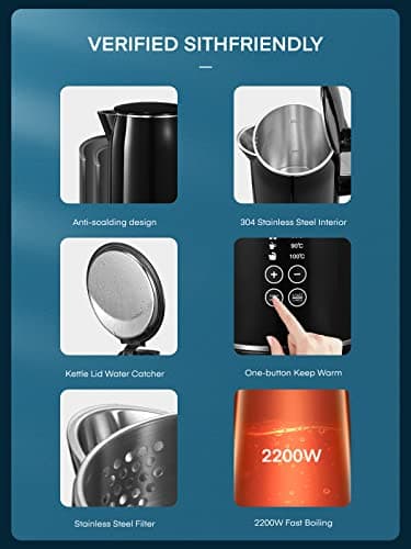 FOHERE Bouilloire Électrique 2200W Anti-brûlure | 4 Températures Préréglées | Conservation de la Chaleur 4 Heures