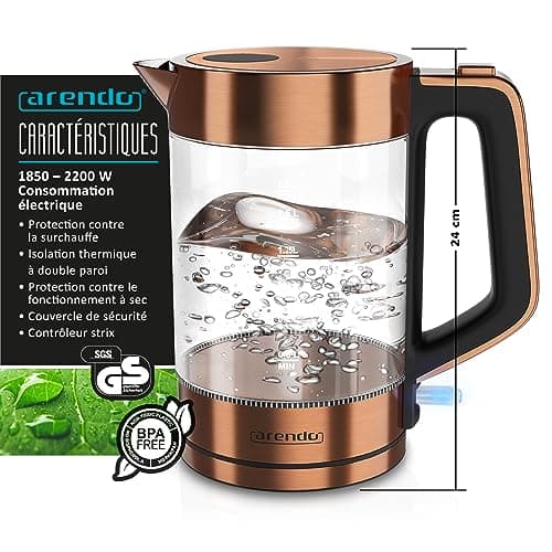 Arendo - Bouilloire de 1,7L en verre borosilicaté et acier inoxydable brossé - Arrêt automatique et ébullition rapide -