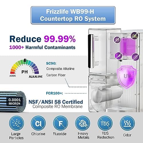 Frizzlife WB99-H Système d'osmose inverse NSF/ANSI 58, eau chaude instantanée & alcaline, régulateur de température & vo
