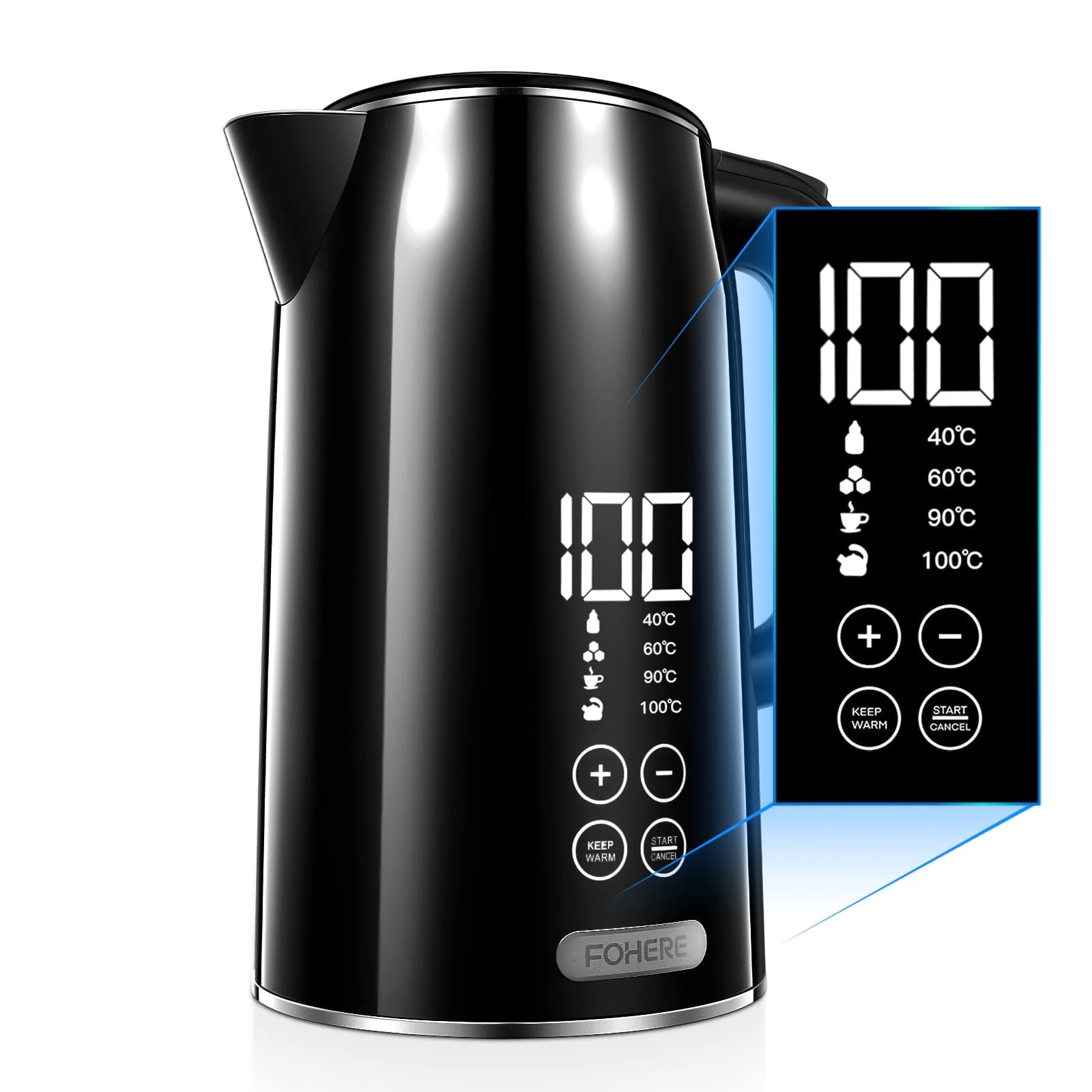 FOHERE Bouilloire Électrique 2200W Anti-brûlure | 4 Températures Préréglées | Conservation de la Chaleur 4 Heures