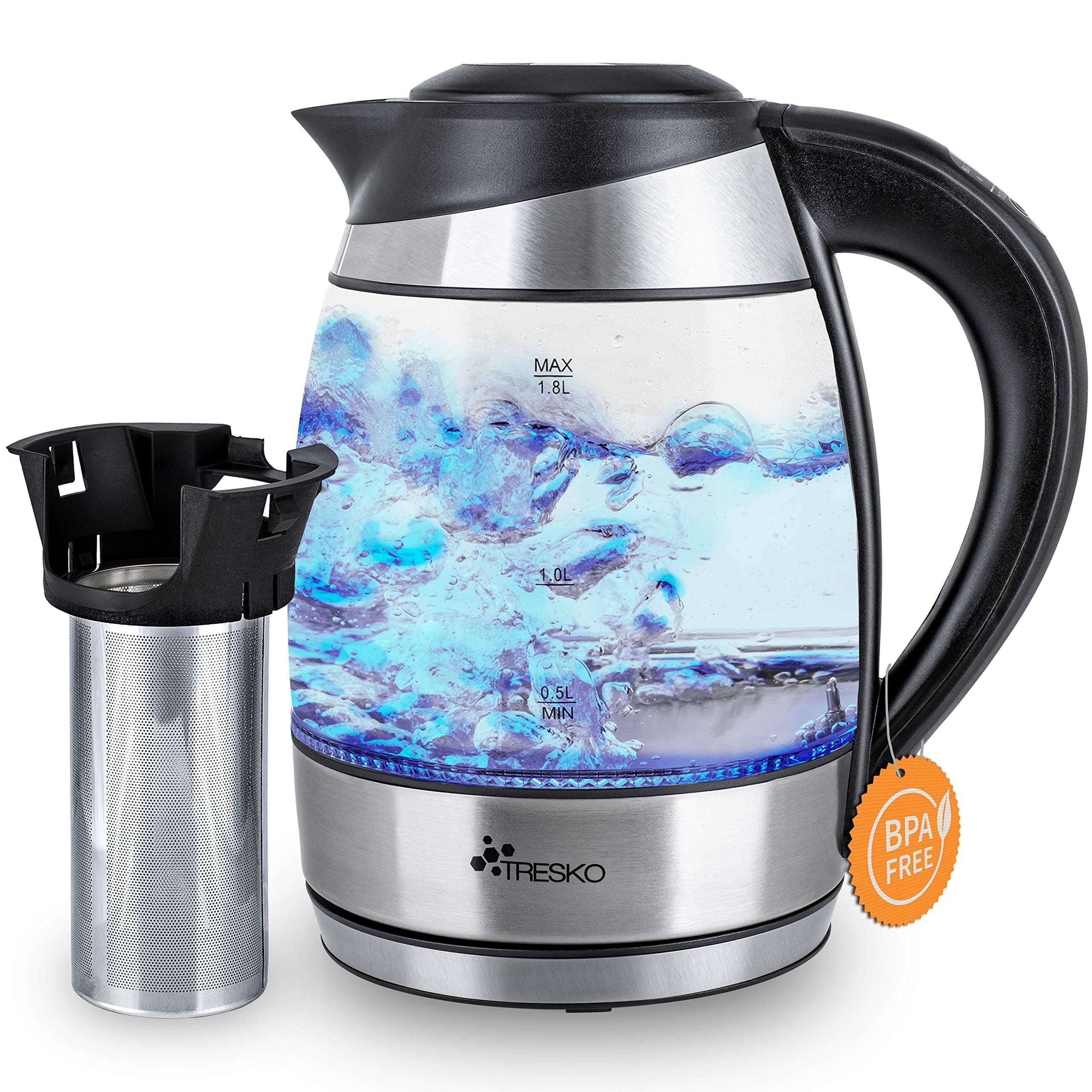 TRESKO Bouilloire électrique en cristal 1.8 L | Illumination LED | Fonction de Maintien au Chaud